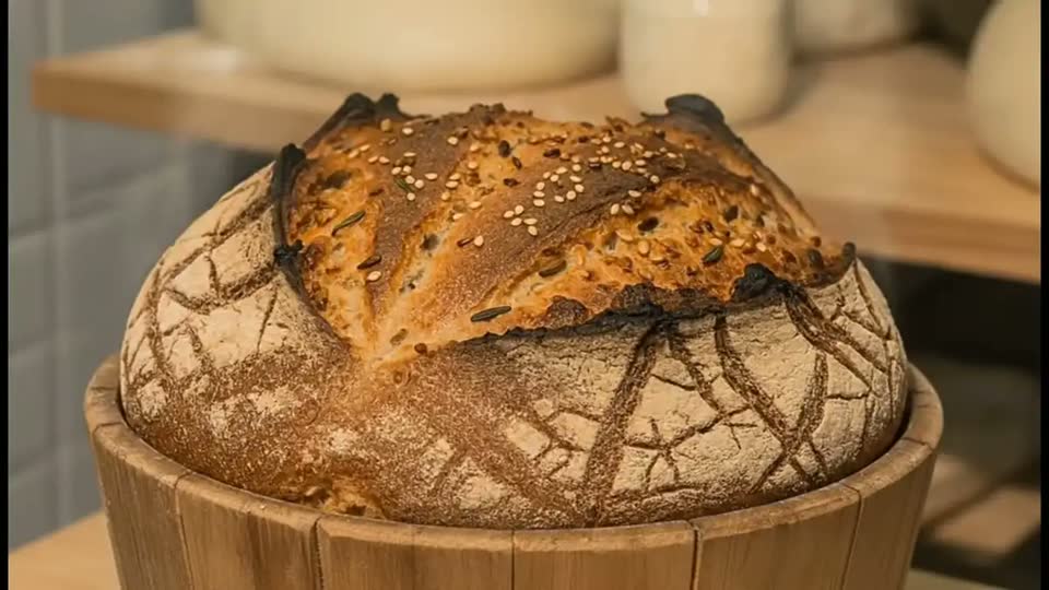 A fornada pronta: o pão de fermentação longa dourado, com gergelim tostado e casca escorada